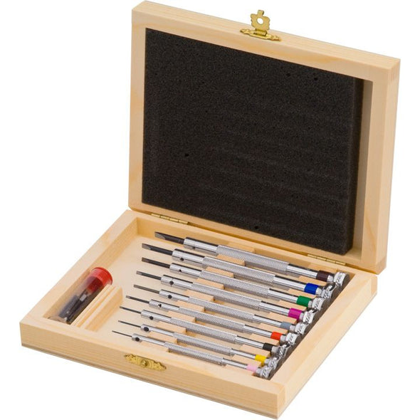 Set of 9 Screwdrivers in wooden case with spare blades