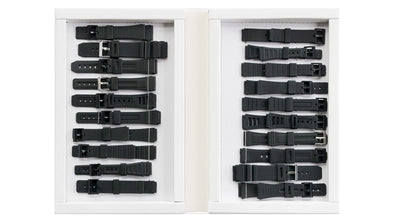Range of rubber watch straps in a practical template folder